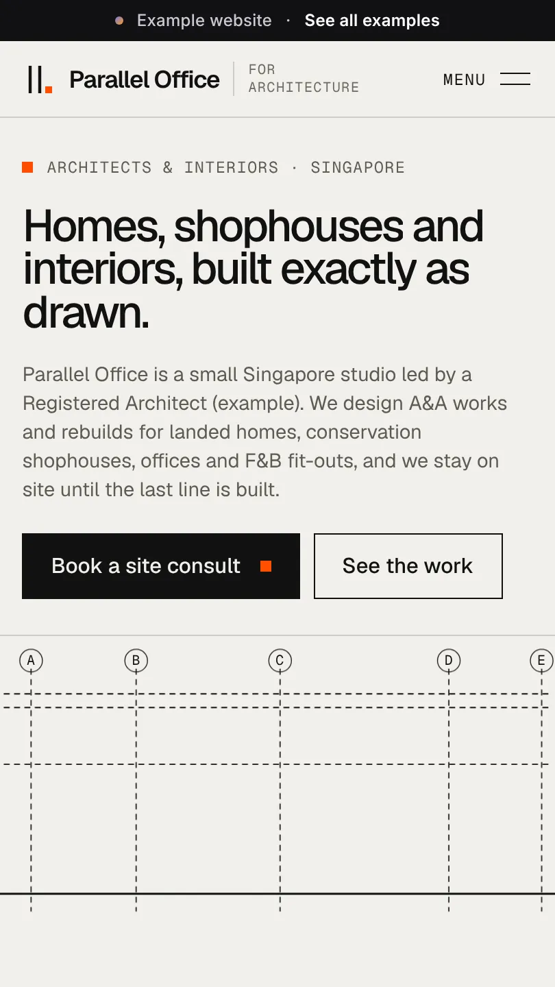 Architect example website, top of the home page on a phone