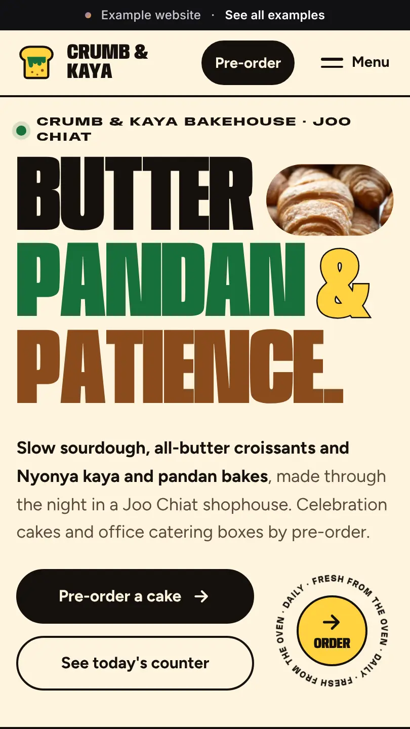 Bakery example website, top of the home page on a phone