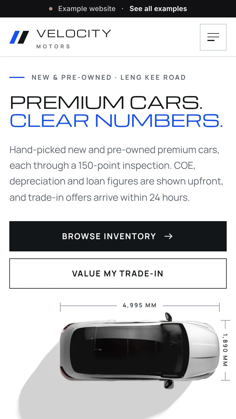 Car dealership example website, top of the home page on a phone