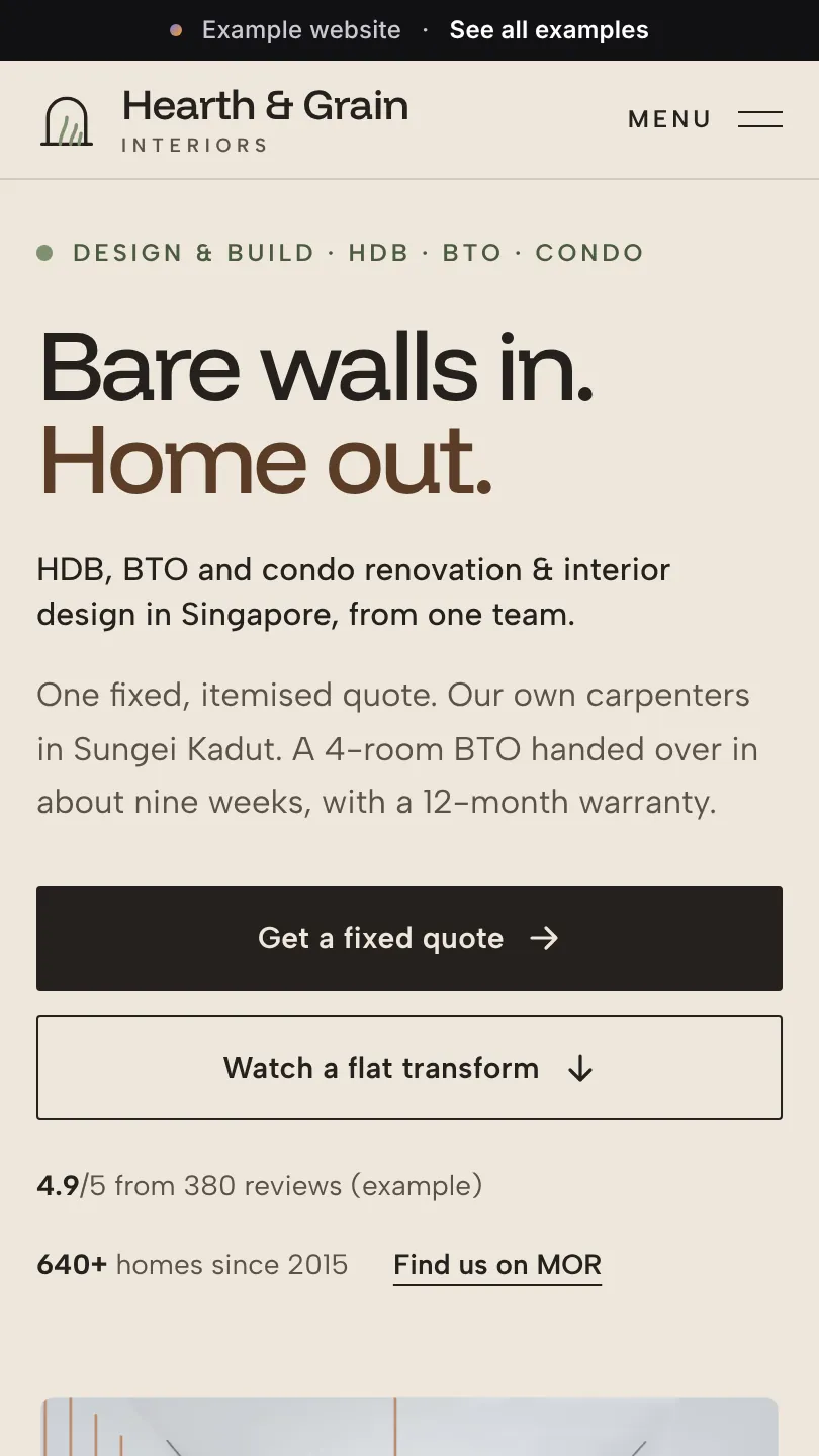 Interior design example website, top of the home page on a phone
