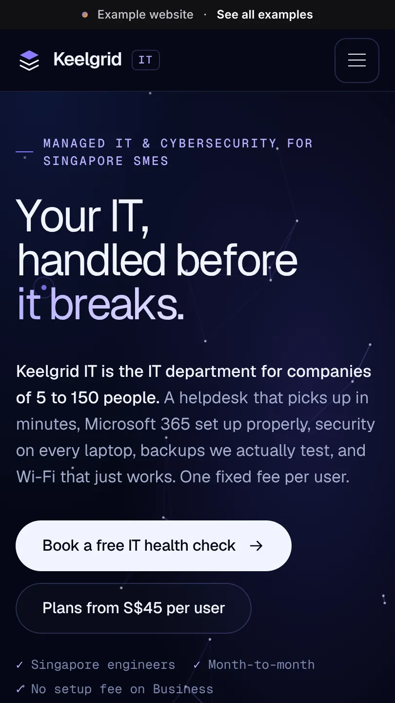 IT services example website, top of the home page on a phone