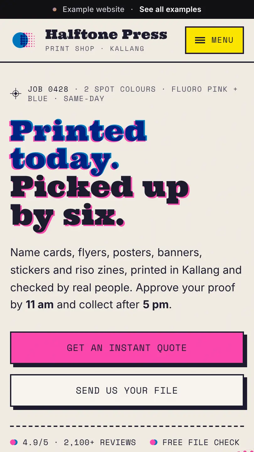 Printing shop example website, top of the home page on a phone