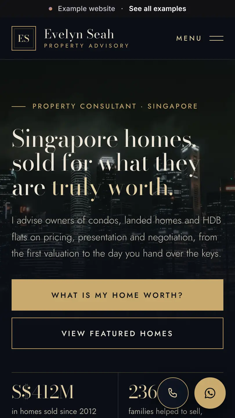 Property agent example website, top of the home page on a phone