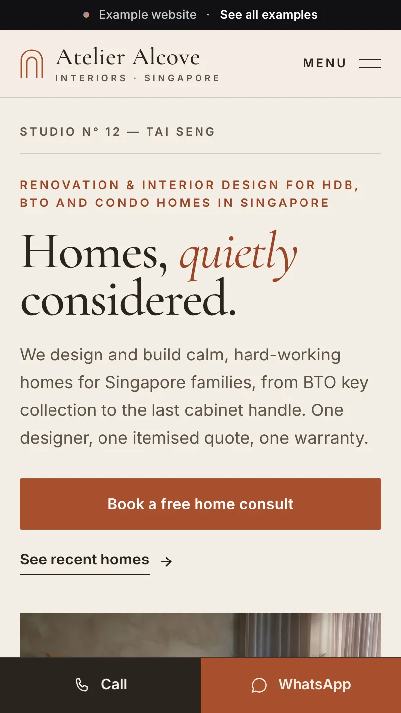 Renovation example website, top of the home page on a phone