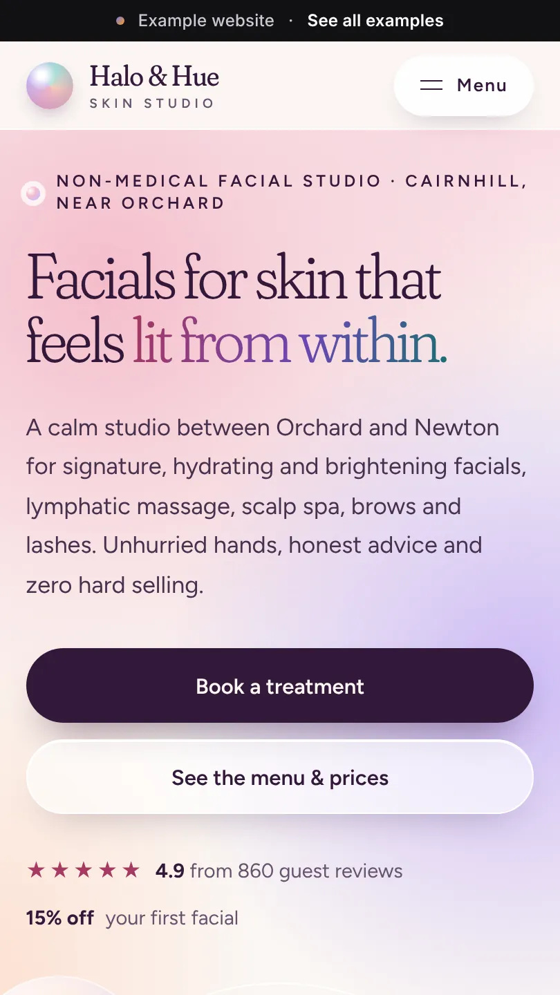 Skin & spa example website, top of the home page on a phone