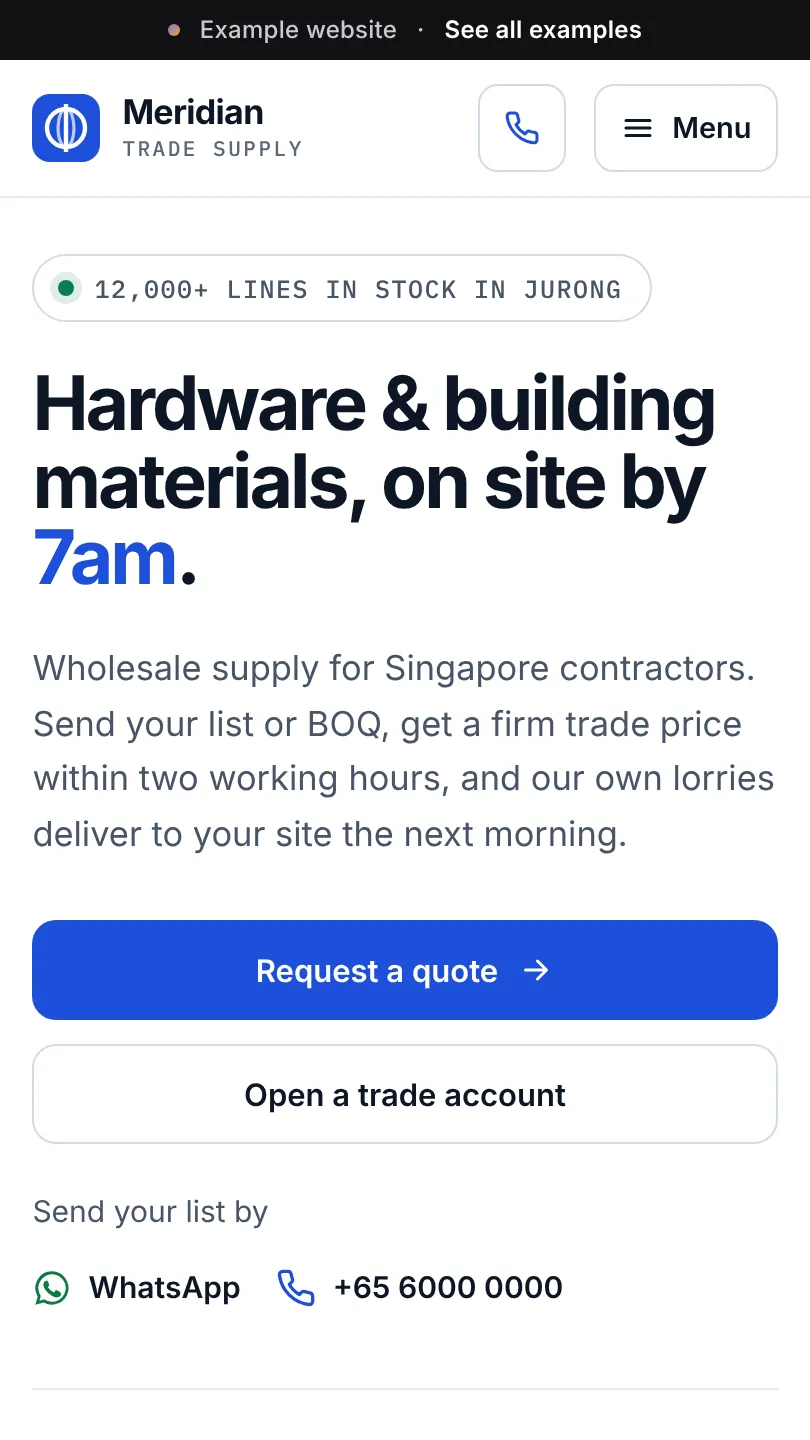 Building supplier example website, top of the home page on a phone