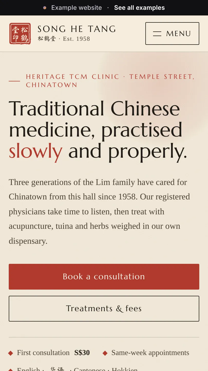 TCM clinic example website, top of the home page on a phone