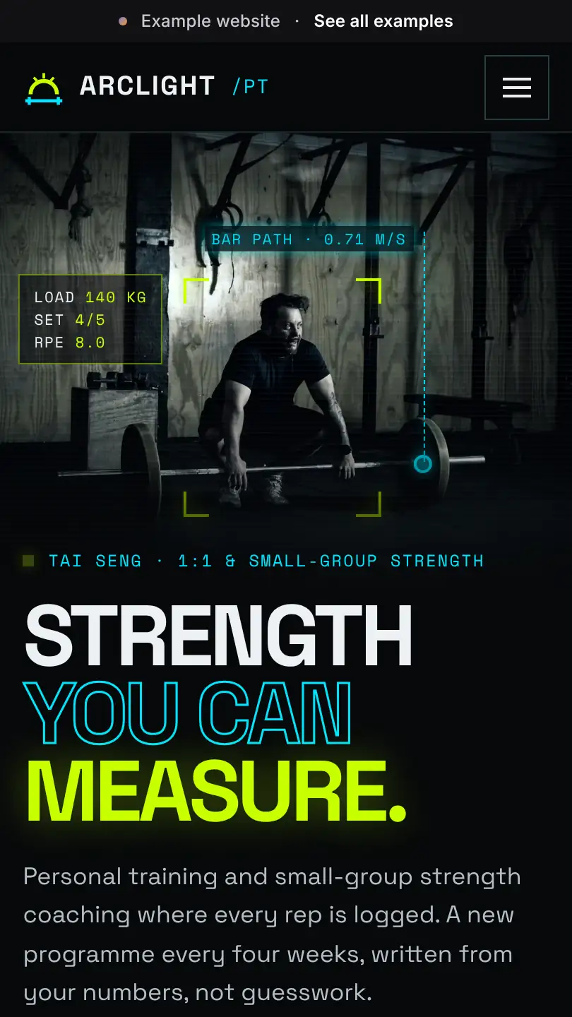 Personal trainer example website, top of the home page on a phone