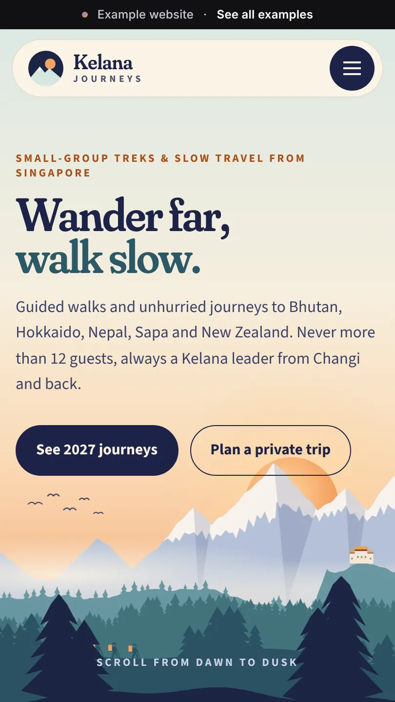 Travel example website, top of the home page on a phone