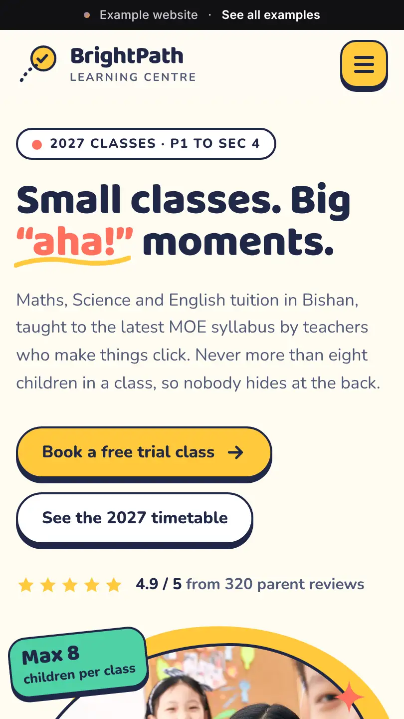 Tuition centre example website, top of the home page on a phone