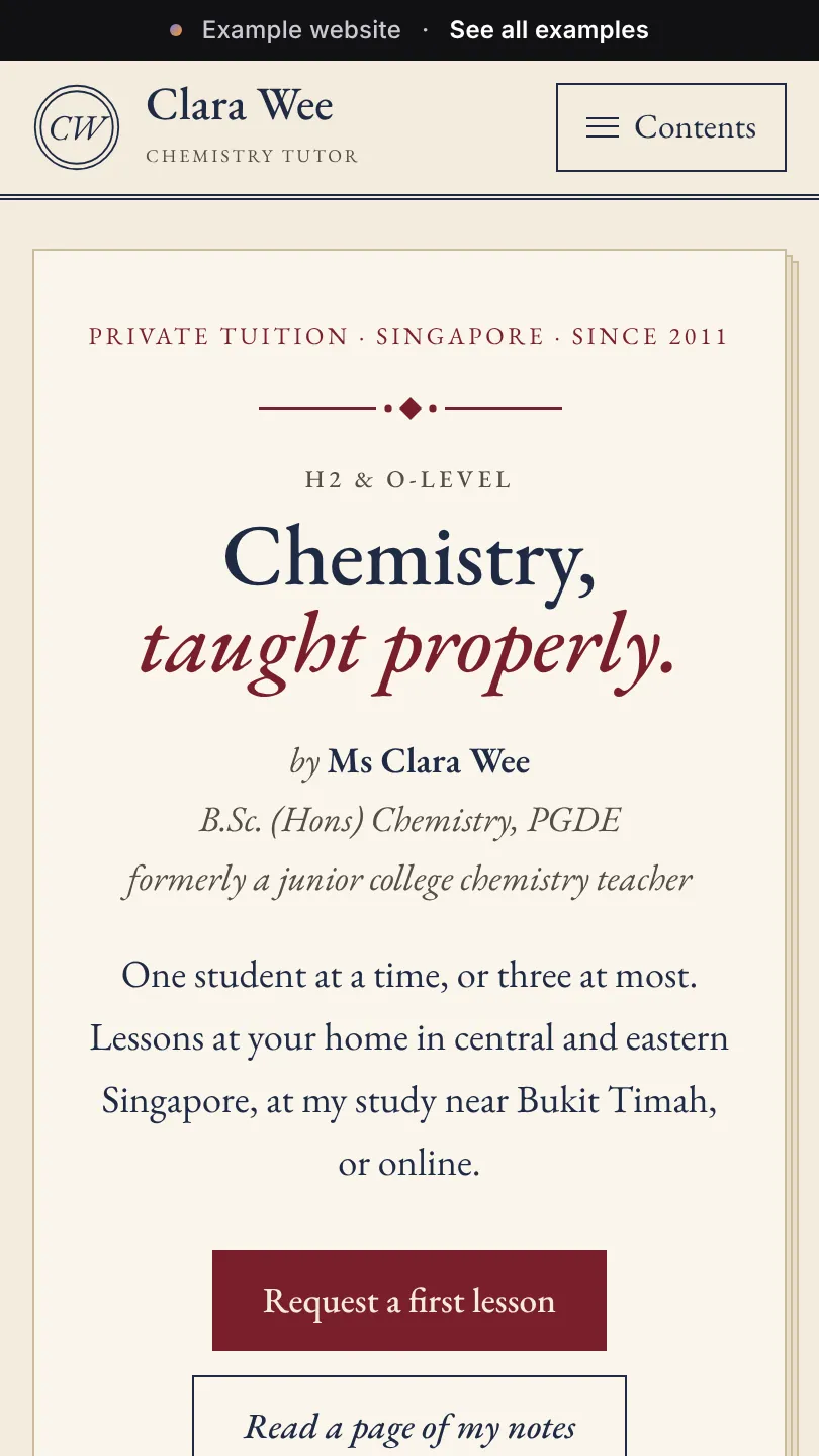 Private tutor example website, top of the home page on a phone