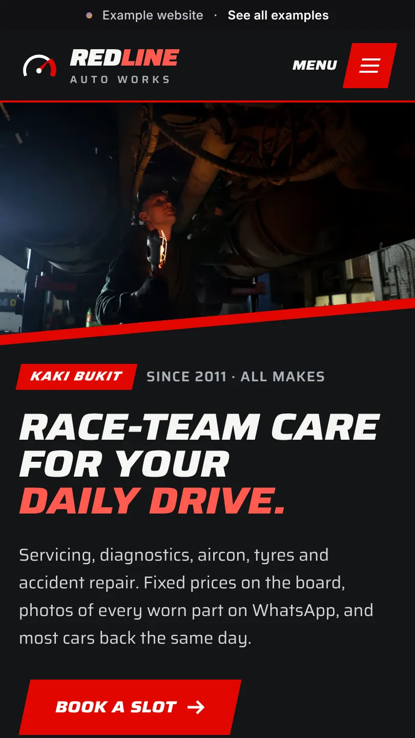 Car workshop example website, top of the home page on a phone